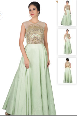 Light Pista Green Gown in Raw Silk with French Knot Embroidered Bodice Gown