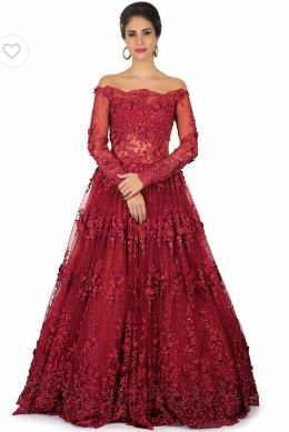 Maroon off-shoulder gown with intricate embroidery